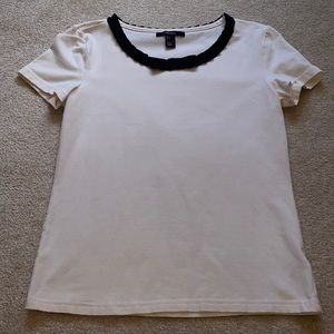 Forever 21 size large cream short sleeve top with black ribbon and bow neckline